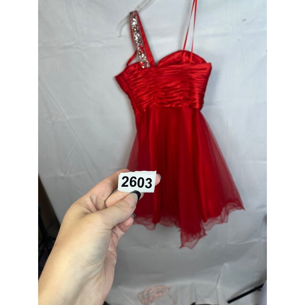 Red Satin & Tulle One-Shoulder Dress W/ Rhinestone Strap & Ruched Bodice Short S - Picture 12 of 12